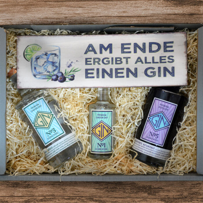 Geschenkpaket -Hiebl Gin, Schild "Am Ende ergibt alles einen Gin"