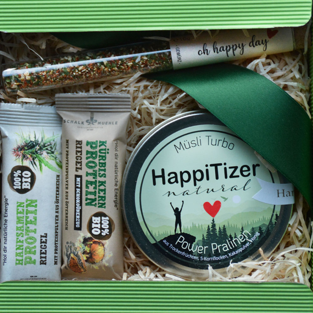 Geschenkpaket - Happitizer Dose, Schalkmühle Proteinriegel, Happy Day Teegewürz