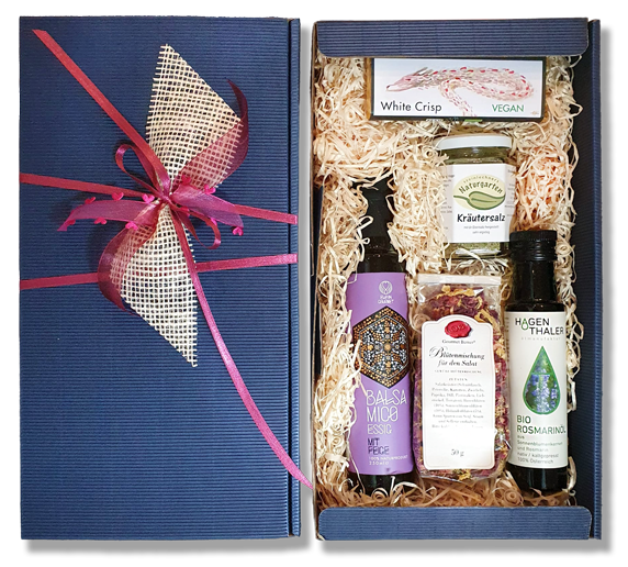 Geschenkpaket blau - Zotter, Hagentahler Öl, Kräutersalz, Blütenmischung für Salat, Eleon Balsamico Essig mit Feige