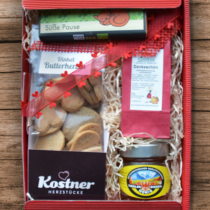 Geschenkpaket - Kostner Dinkel Herzen, Zotter Schokolade, Dankeschön Tee, Tiroler Bienenhonig