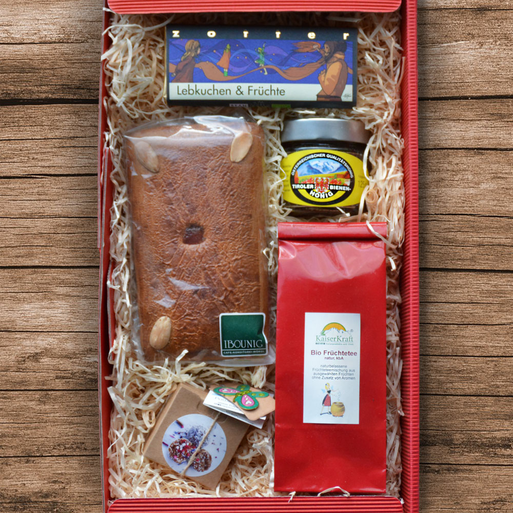 Geschenkpaket- Zotter, Lebkuchen Ibounig, Kräutersalz, Tee, Happitizer