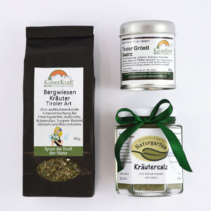 Tiroler Gewürz Trio - Geschenkkarton (Firmengeschenke, Geschenke für Mitarbeiter, Geschenke für Geschäftspartner, Kundengeschenke)